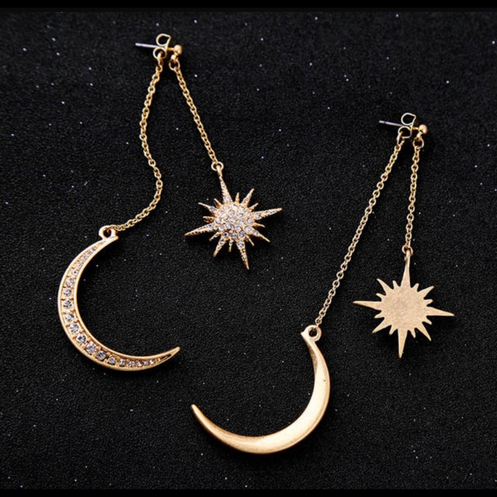 Free People Gold Crescent Moon & Star Drop Earrings